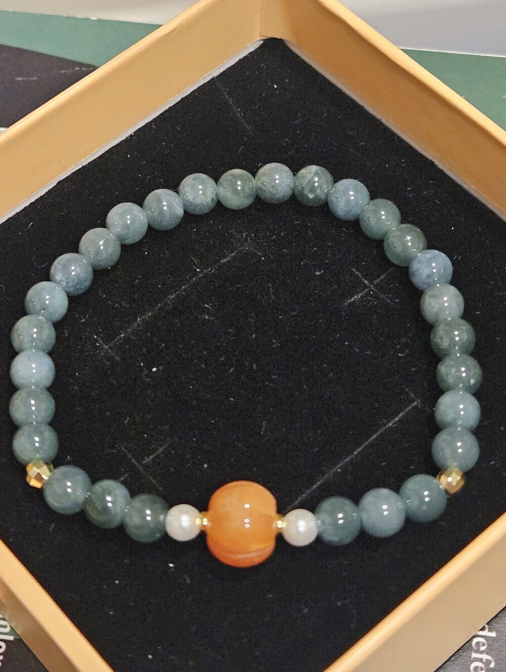 Dark Green Jadeite Beaded Stretch Bracelet with Orange Accent